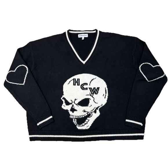 Heaven Can Wait Women M Sweater Knit Black White Skull V-Neck Heart Oversized - Picture 1 of 5